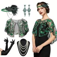Bộ 5 món: Băng đô lông vũ phong cách retro thập niên 1920, khăn choàng đính sequin, vòng cổ ngọc trai giả, bông tai, găng tay đen - Phụ kiện trang phục cho dạ hội hóa trang, tiệc tùng, váy dạ hội trang trọng, đi biển, kỳ nghỉ, phụ kiện, đồ dùng cần thiết khi đi du lịch. - Nhiều màu - Xem 22