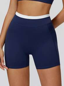 MASKERT Short de sport taille haute pour femmes, design de bande de taille color-block, ajusté et galbant, pour le yoga, le fitness et le cyclisme en été - Bleu marine - Voir 4