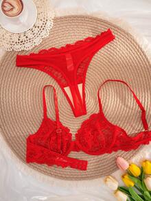 1pc Women Solid Color Lace Wireless Bra Set - Red - View 2