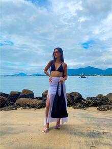Women's Large Crochet Beach Bag, , With Shoulder Strap, Knitted, For Pool, Summer. - Black - View 3