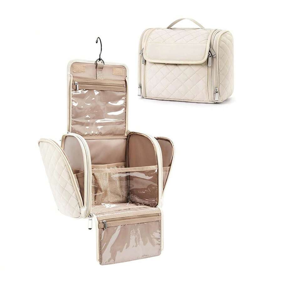 Borsa cosmetica da viaggio per donna, custodia cosmetica portatile con grande capacità, organizer da viaggio essenziale, offre spazio per cosmetici e articoli da toeletta di dimensioni standard. - Beige - Visualizzare 1