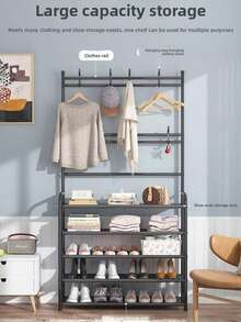 4-stöckiges Metall Schuhgestell, multifunktionaler Schuhorganizer für den Eingangsbereich mit Haken & Aufhängestange, Regalsystem für Wohnzimmer Schlafzimmer, einfache Montage, 78 x 60 x 170 cm