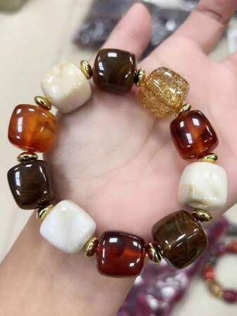 1件复古撞色串珠手链，金箔和亮片设计，温暖琥珀色质感，时尚手链，优雅欧美风格配饰