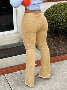 Versatile Washed Distressed Pocket Flare Jeans For Women, Suitable For Commuting, Casual Vacation, And Dating - Khaki - View 3