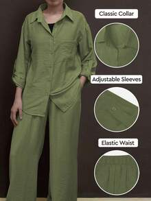Plus Size Casual Polo Collar Cardigan, Solid Color Elegant Blouse Top, Paired With Soft Elastic Waist Loose Pants, Two Pieces Set, Suitable For Holiday, Commute, Spring/Summer/Autumn - Green - View 2