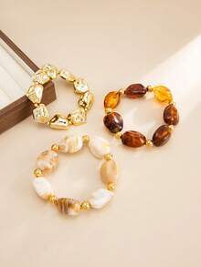 3 pièces Bracelet en résine acrylique marron vintage multicouche, bracelet CCB asymétrique surdimensionné, set de bracelets empilables, convient pour les femmes, les couples, les fêtes, les vacances, le port quotidien - Multicolore - Voir 11