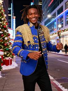 Men's Blazer Jacket Slim Fit Black Gold Palace Style Hanging Tassel Fashion Party Performance Outfits 1 Piece Set - Màu xanh lam - Xem 3