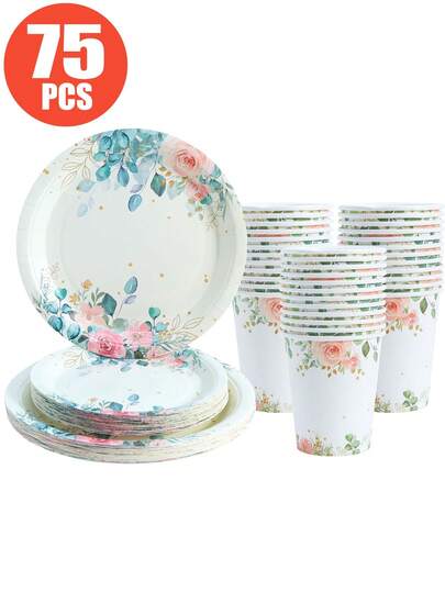 25pcs Watercolor Floral Eucalyptus Disposable Plates And Cups, Party Supplies Suitable For 25 Guests, Disposable Paper Plates And Cups For Birthday, Wedding, Party, Family Picnic