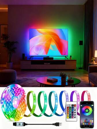 1pc 3.28ft-65.6ft Smart LED Strip Lights, RGB Color LED Light Strips With 24Key Remote And App Control, Dimmable, For Bedroom, Living Room, TV Backlighting, Kitchen, Bar, Game Room, Valentine's Day And Party Decor,USB Power Interface LED Strip Light, 24-Key IR Remote Controller And Bluetooth App Control, Dimmable, Various Color Modes, Multi Sizes, Suitable For TV, PC, Bedroom, Home Decor, Holiday