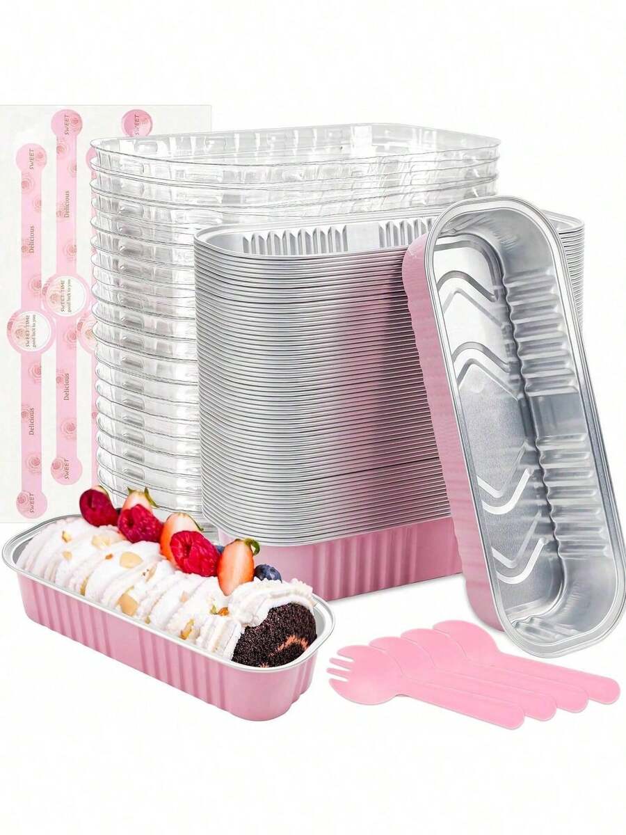 100 piezas/Set Mini molde para tostadas con tapa y cuchara, 100 piezas, rosa, 200 ml, bandeja de hornear rectangular de aluminio - rectángulo - Ver 1