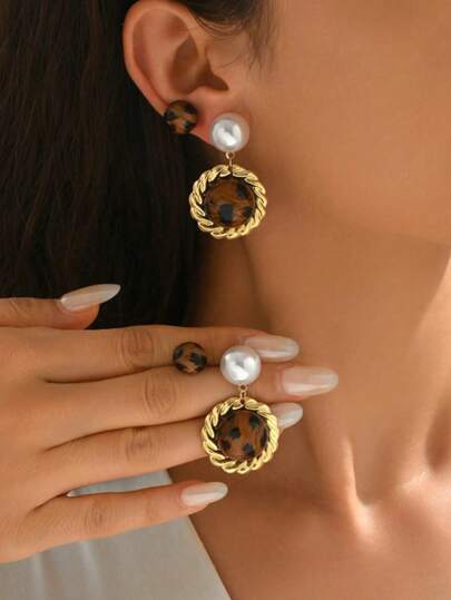 1 Set Leopard Print Faux Pearl Amber Ombre Round Braided Earrings, Fashionable Winter Earrings, Suitable For Women's Daily Wear, Party Attendance, Also A Great Gift For Friends On Valentine's Day And New Year
