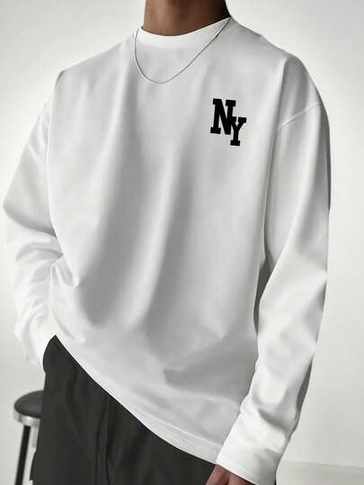 男士秋季百搭单品 | 杏色圆领纽约元素印花长袖T恤，适合送给丈夫、男朋友或朋友