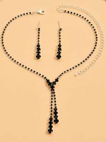 3pcs Elegant Bridal Cubic Zirconia Teardrop Tassel Necklace And Earrings Jewelry Set - Black - View 4