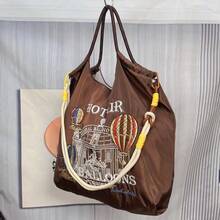 可重复使用的尼龙手提袋，饰有城堡和热气球刺绣，大容量可折叠单肩手提包 - 紫紅色 - 查看 2