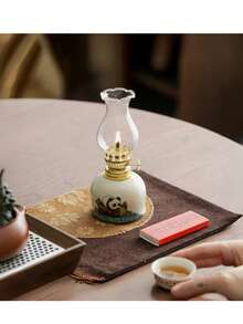 1pc Vintage Practical Ceramic Base Windproof Glass Candle Holder, Suitable For Home Decor, Atmospheric Retro Design, Nostalgic Ornament - Multicolor - View 6