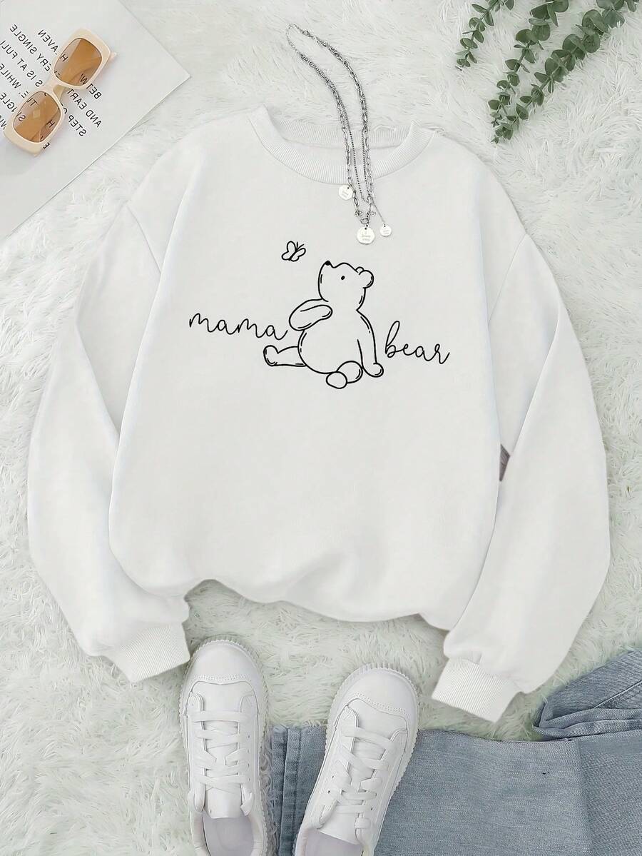 2026 Valentine Women Sweatshirt, White Bear Mom & Bear Hug Print Crew Neck Soft Long Sleeve Pullover, Maternity‑Friendly For Spring Autumn Winter - 白色 - 查看 1