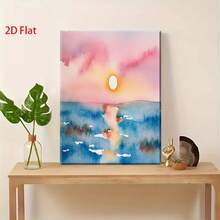 2D Flat Watercolor Sea Sunrise Wall Art - Pink & Golden Pastel Pink Blue Turquoise Wood Framed Painting, -Inspired Minimalist Ocean Waves For Living Room, Bedroom, Spa Decor - Calming Pastel Hues, Wrapped Canvas Frame, 2D Flat - 彩色 - 查看 5