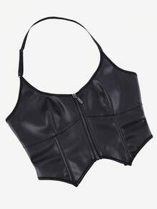 Black Spaghetti Strap Corset Top, Sleeveless Bustier Crop Top, Clubwear, Punk Rave, Adjustable Spaghetti Straps - Black - View 4