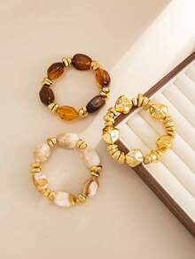 3 pièces Bracelet en résine acrylique marron vintage multicouche, bracelet CCB asymétrique surdimensionné, set de bracelets empilables, convient pour les femmes, les couples, les fêtes, les vacances, le port quotidien - Multicolore - Voir 10