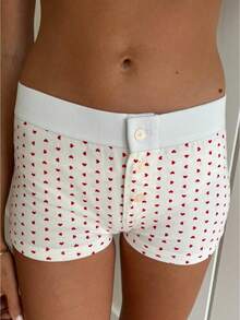 Women Cute Sleep Shorts Lounge Shorts Button Floral Print Low Rise Micro Shorts Slim Fit Pajama Bottoms - 紅愛心 - 查看 1