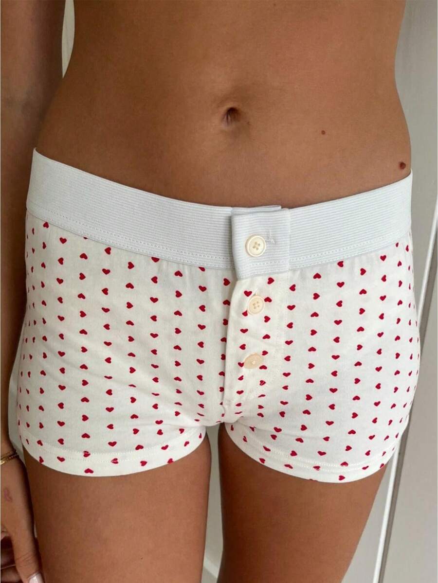 Women Cute Sleep Shorts Lounge Shorts Button Floral Print Low Rise Micro Shorts Slim Fit Pajama Bottoms - 紅愛心 - 查看 1