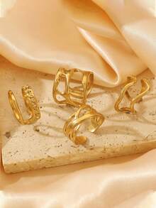 11件套不锈钢不对称液态开口戒指套装，独特几何设计，时尚精致百搭的优雅女士珠宝，适合派对、宴会等场合。 - 金黃色 - 查看 5