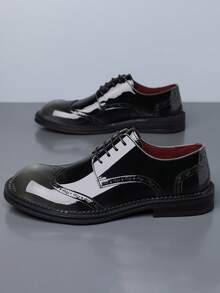 1 Pair Men's Round Toe Low-Top PU Leather Upper Rubber Sole Comfortable Lace-Up Brogue Shoes, Suitable For Office And Casual Wear - Grey - View 3