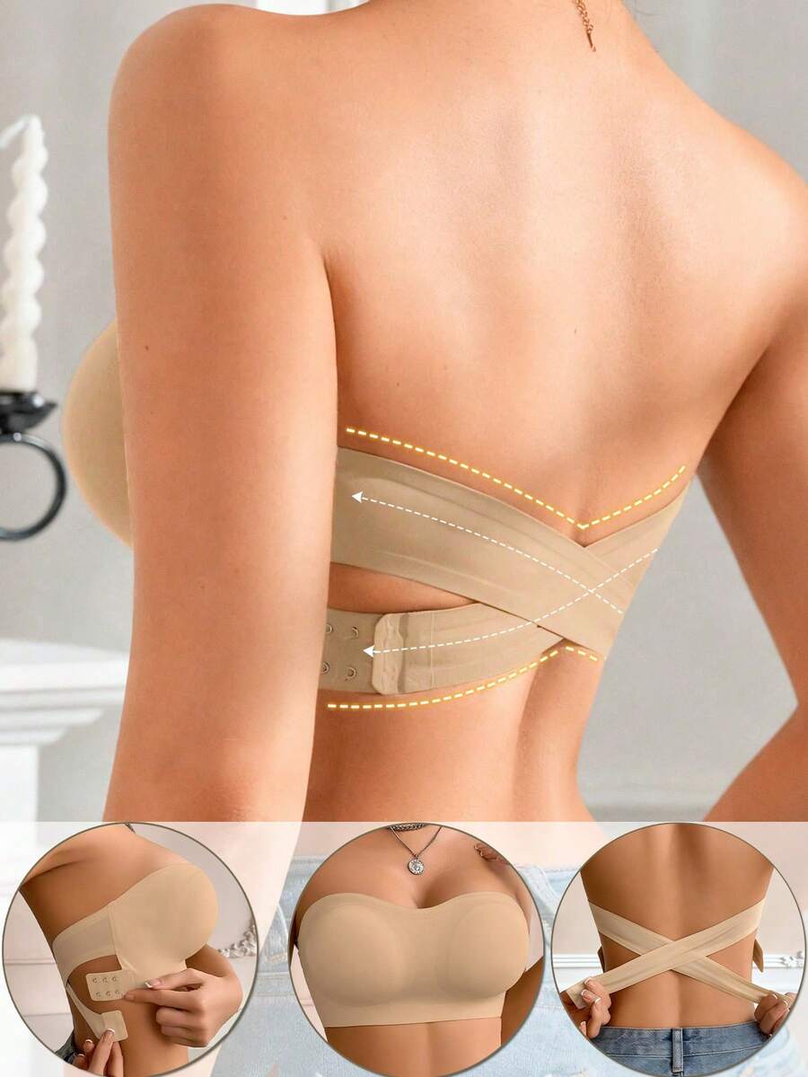 Women's Strapless Bra, Sexy Side Buckle Design, Seamless Criss-Cross Back, Solid Color Wireless Bra, Soft Padded, Comfortable Bra, Women's Intimate Apparel, Elastic Panties, Tube Top Style Breathable Camisole, Opaque, Perfect Match For Strapless Dresses, Daily Wear