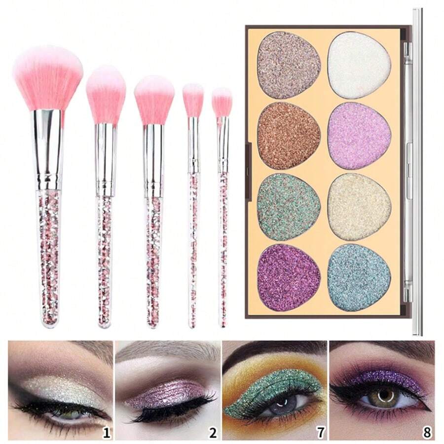 8-Color Nude Heat Series Sequin Eye Shadow With Five Makeup Brushes, The Latest Style In Winter, High-Quality Color Rendering, Non-Fading, Easy To Color, Suitable For Stage Performances, Daily Dates, Parties, Perfect Gifts For Christmas - 彩色 - 查看 1