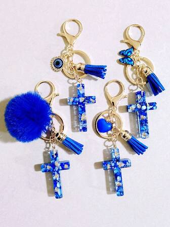 1pc Navy Blue Cross Key Chain With Evil Eye, Fluffy Pom Pom, Butterfly, Heart Tassel Keyring, Cross Bag Charm Pendant, Suitable For Birthday, Holiday, Party Gifts