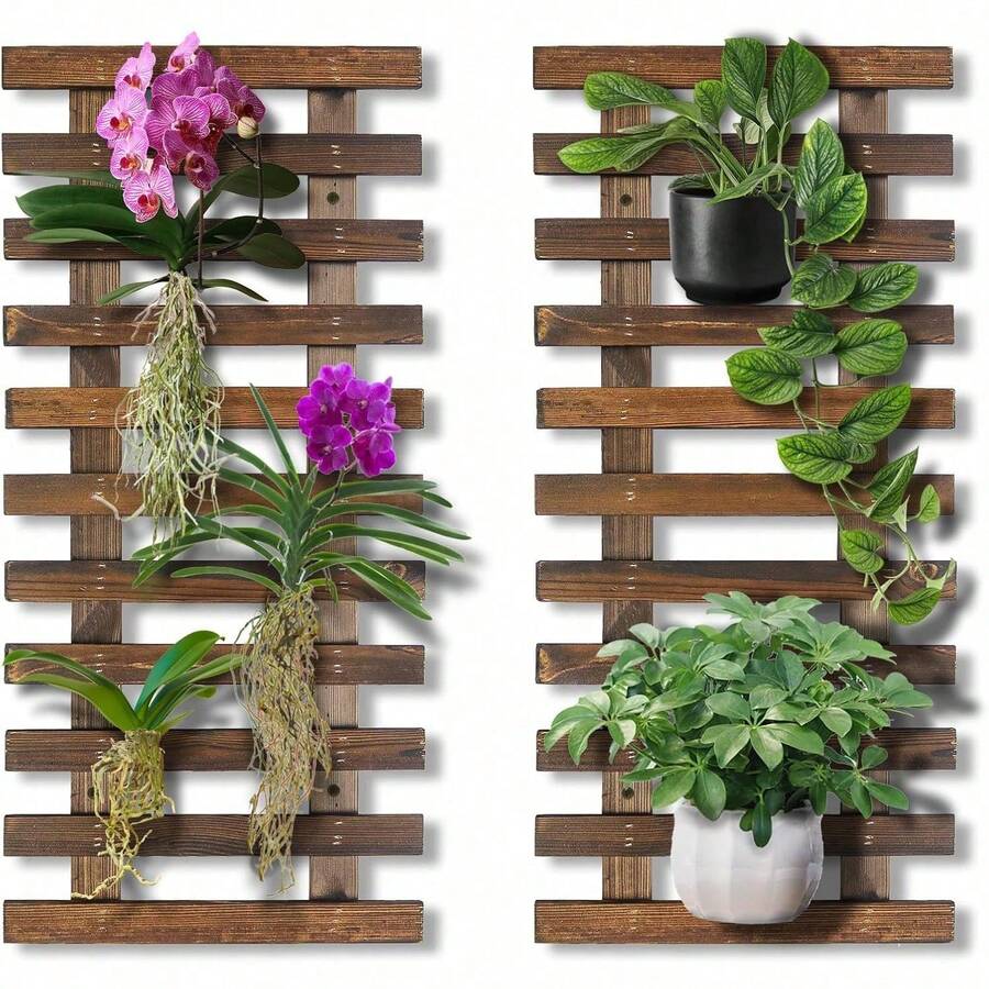 2 Pcs Wall Planters - 11.4"W X 15.7"H Wooden Wall Planters For Indoor Outdoor Plants,Hanging Wood Wall Trellis,Wall Mounted Plant Holder For Orchids,Succulent,Air Plants,Hanging Pots Display-BBSJDF02 - 23,62" X 11,41" (Nâu) - Xem 1