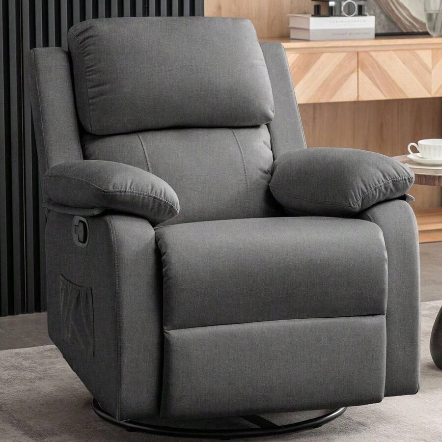 Recliner Chair, 360 Swivel Rocker Chair For Adults, Small Rocking Recliner For Small Spaces, Upholstered Fabric Glider Recliner Nursery Chair With Side Pockets For Living Room, Nursery - Grey - View 1