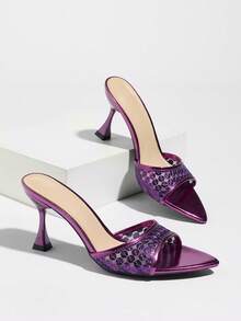 Jin Bei Qi Women's High Heel Shoes, Fashionable Banquet Party Outdoor Elegant Stiletto Heels, Shiny Trim Strap Design, Breathable Mesh & Printed Soft Metallic Material, Sexy Mule Closed Toe, Elegant Purple Color, Suitable For Party, Casual, Outdoor, Beach Travel - Purple - View 6