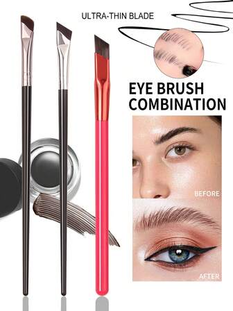 3件套专业眼部化妆刷套装 - 斜角眼线刷、细节刷、遮瑕刷、眉刷，多功能便携式化妆工具