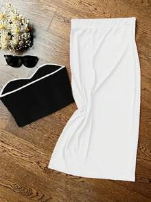 1 Set Summer Sexy Fitted Strapless Top & Bodycon Skirt Suit, Knit Fabric 180G - Black and White - View 2