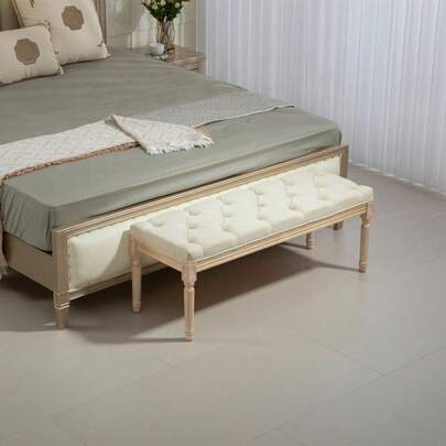 Vintage Wooden Bed End Bench | Foot Of Bed Storage Bench In Cream White