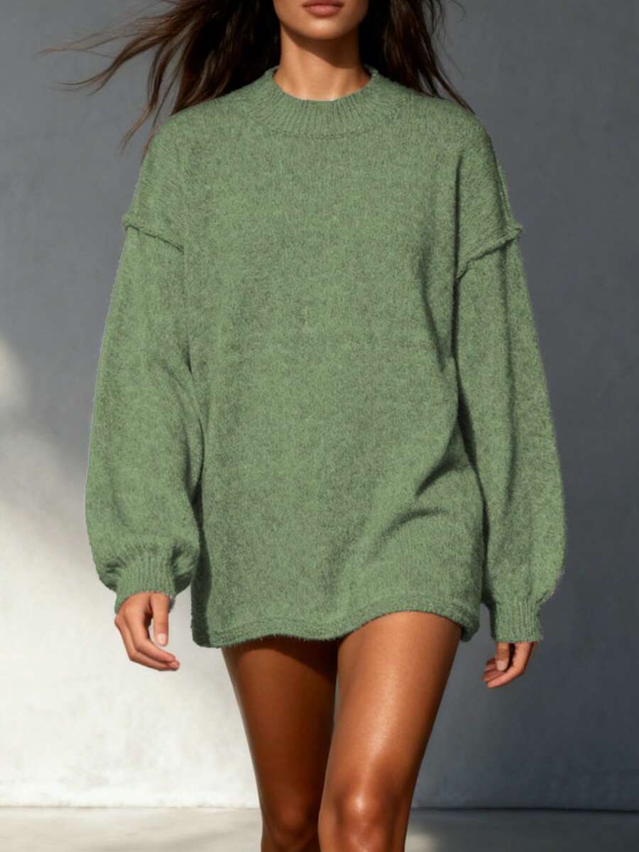 Suéter casual folgado com manga raglan, gola redonda elegante, manga bufante, cor sólida e mangas compridas, ideal para outono/inverno. - Verde Azeitona - Ver 1