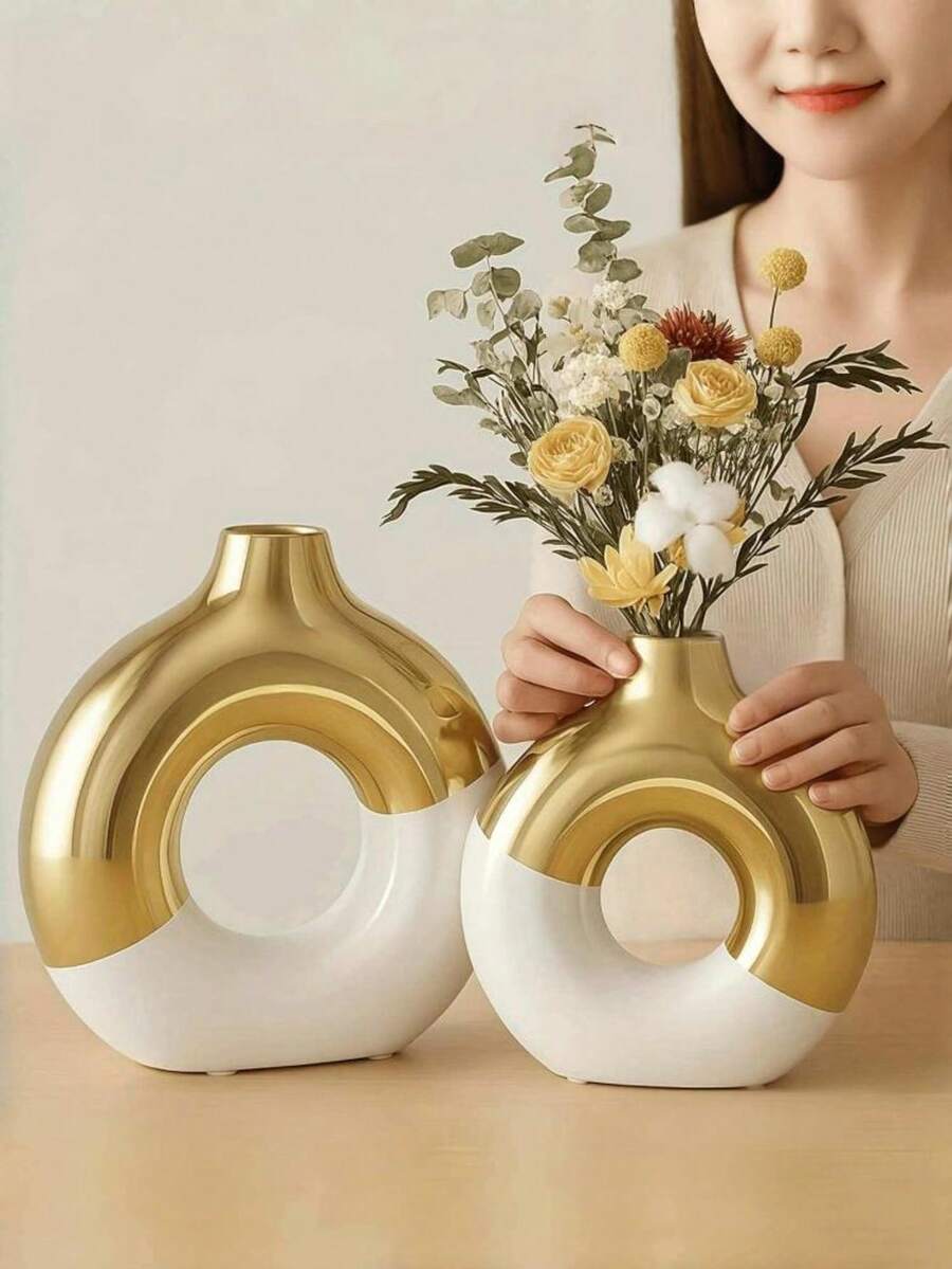 Conjunto de Vasos de Cerâmica: Vasos grandes e pequenos na cor platina, ideais para decoração minimalista moderna, vaso em formato de rosca, vaso de junco em estilo nórdico, vaso para armazenamento de flores artificiais, perfeito para centro de mesa na sala de estar, decoração de mesa de jantar, decoração de mesa de centro, decoração de escritório ou quarto, presente de Natal, presente de Dia dos Namorados, presente de Ano Novo Chinês, decoração de Natal, decoração de casamento, acessórios para casa. - Branco - Ver 1