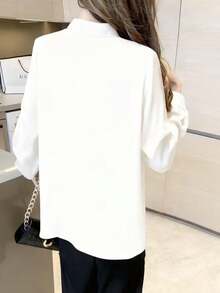 女士独特水钻领结领职业衬衫 - 白色 - 查看 3