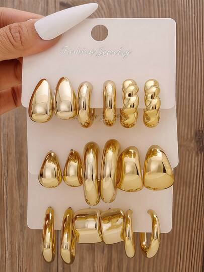 3 Pairs/9 Pairs New ABS Resin & CCB Gold-Color Exaggerated C-Shaped Water Drop Personalized Fashion Earring Set