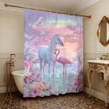 1pc Flamingo Pattern Shower Curtain Set, Pink Bird Tropical Jungle Theme Nature Decor Fabric Bathroom Curtain With Hooks, 72 X 72 Inches, Polyester Material