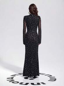 Long Sleeves High Neck Diamond Maxi Dress - 黑色 - 查看 6
