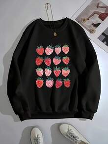Women's Crewneck Sweatshirt - Pastel With Red-Pink Strawberries, Relaxed Fit Everyday Casual Pullover For Women, Machine Washable Sweater For Lounge, Office & Outings, Lounge Clothing, Playful Design, Durable Weargifts For Mom-Free Shipping - 黑色 - 查看 1