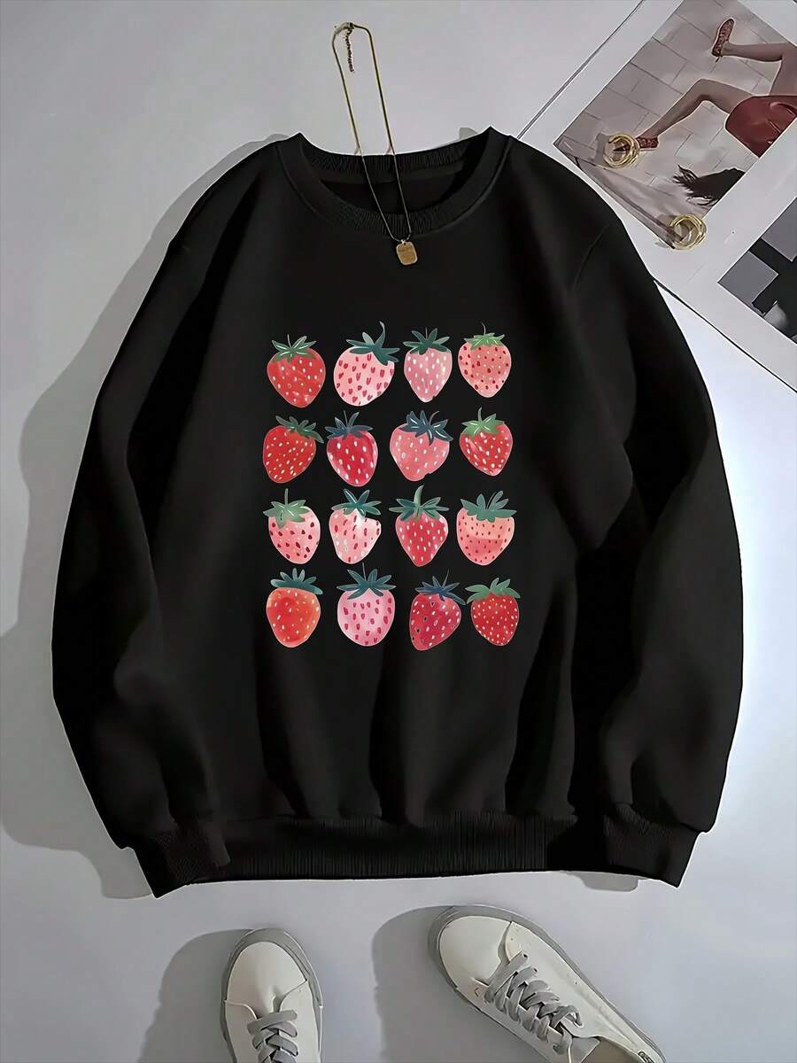 Women's Crewneck Sweatshirt - Pastel With Red-Pink Strawberries, Relaxed Fit Everyday Casual Pullover For Women, Machine Washable Sweater For Lounge, Office & Outings, Lounge Clothing, Playful Design, Durable Weargifts For Mom-Free Shipping - 黑色 - 查看 1