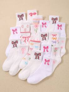 5/10 Pares de Meias Cano Médio com Laço e Flor para Crianças, Meias Curtas, Meias Infantis, Adequadas para Combinação/Vestimenta Diária de Meninas, Confortáveis, Macias, Respiráveis, Presentes Essenciais para Meninas (1-16 Anos) - Multicolorido - Visão 1