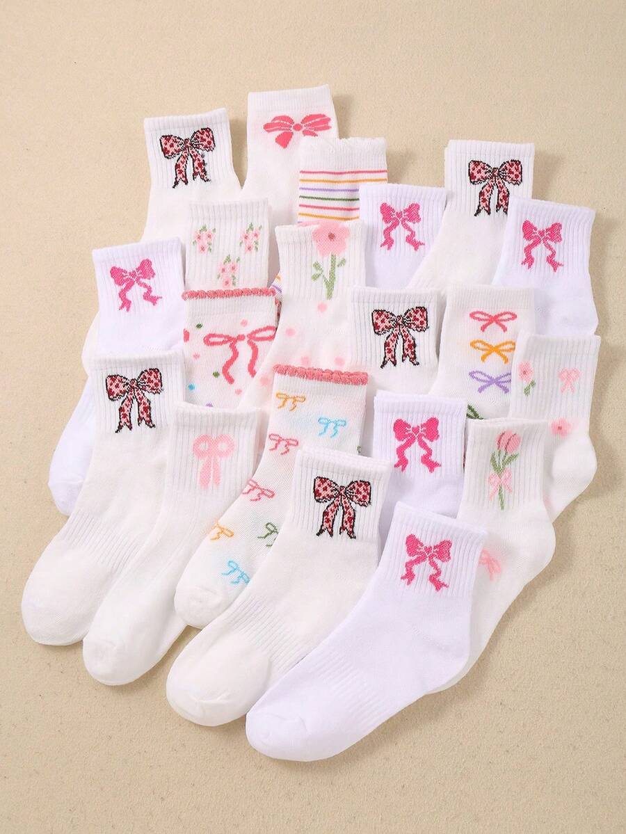 5/10 Pares de Meias Cano Médio com Laço e Flor para Crianças, Meias Curtas, Meias Infantis, Adequadas para Combinação/Vestimenta Diária de Meninas, Confortáveis, Macias, Respiráveis, Presentes Essenciais para Meninas (1-16 Anos) - Multicolorido - Visão 1