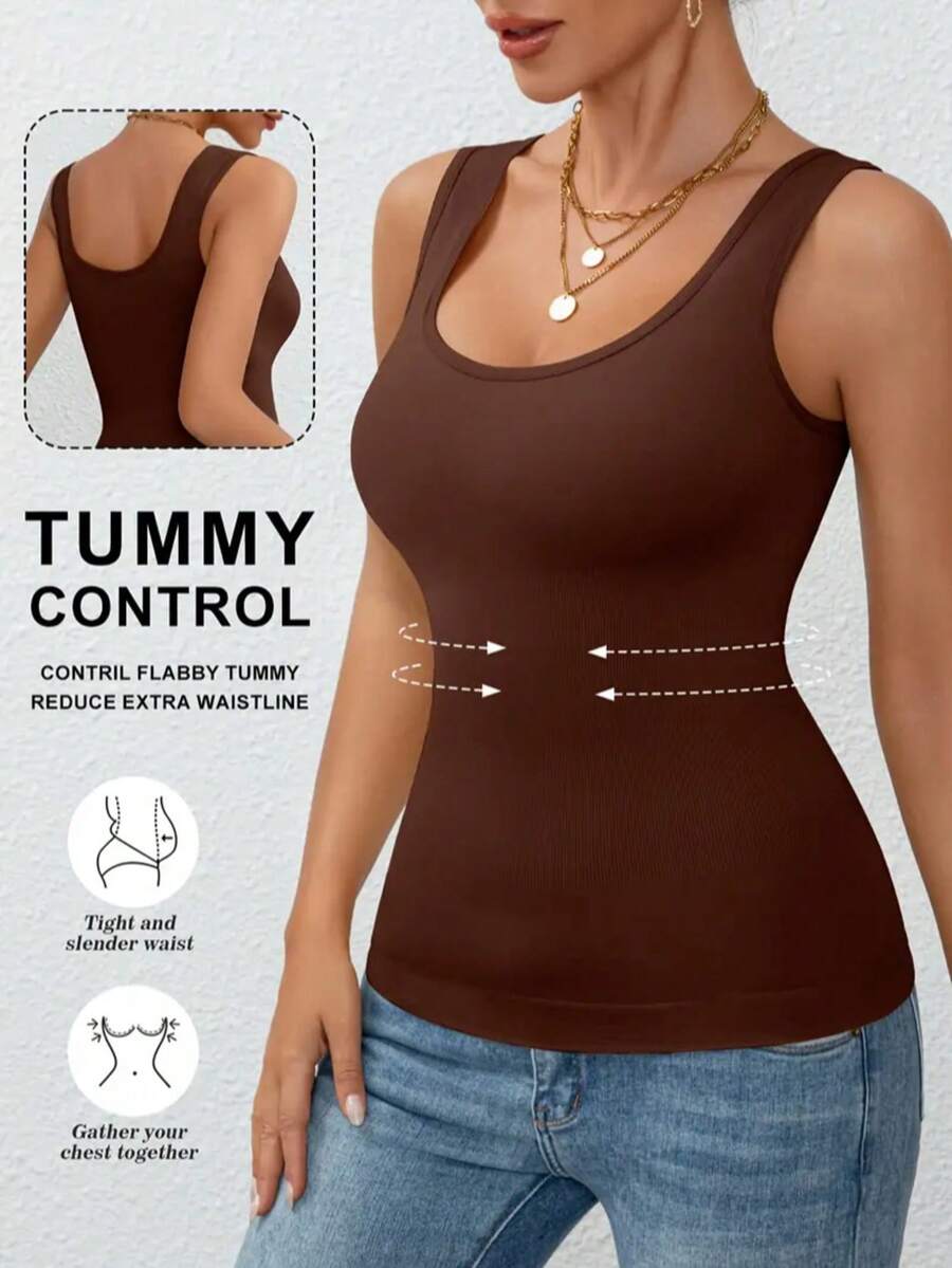 女士收腹塑身衣，无袖，舒适，塑形内衣，夏季健身上身紧身衣运动服 - 棕色 - 查看 1