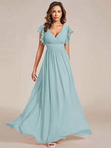 Ruched V-Neck Backless Asymmetric Chiffon Dress, Suitable For Bridesmaids/Mother Of The Bride Dresses, Wedding And Vacation Wear Spring - Baby Blue - View 6