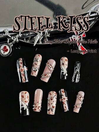 Original Design, Handmade, 10 Punk Style Acrylic Nail Kit, Long Nails, Pipe-Shaped, Black Press On Nails French Tip,Y2k,Brown Nails. Leopard Print Nails Perfectly Blend Cross And Bull Elements, Making You A Unique Punk Girl. The Ingenious Design Of Various Studs And Chromium Metal Makes Your Hands Like Wearing Two Armors, Suitable For Women And Girls To Wear At Daily Festival Parties, Enhancing Your Charm. Press On Nails.