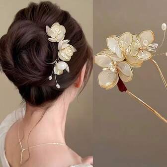 1件装，女士手工花朵发夹，优雅高端U型发饰，适用于延长发髻、盘发等造型，是美发工具、盘发造型和装饰发饰的理想之选。